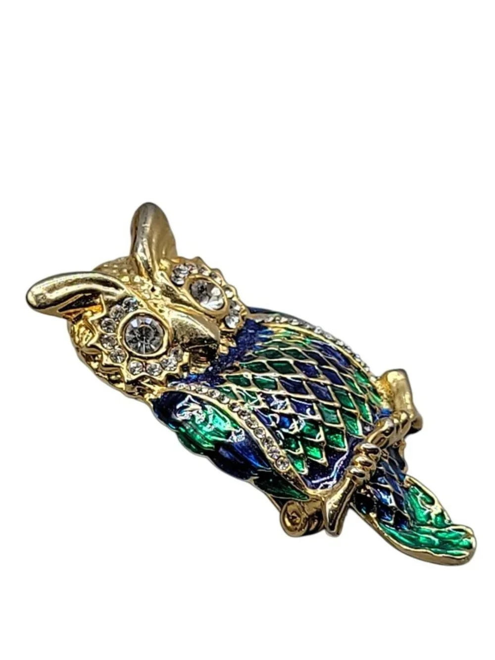 Spinx Rhinestone Enamel Owl Brooch Gold Tone Unsigned Vintage Detailed Pin